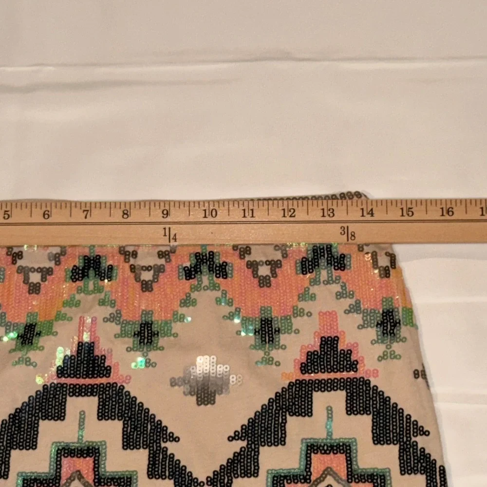 Express Sequin Mini Skirt XS‎ Tan Geometric Boho Southwestern Festival Aztec